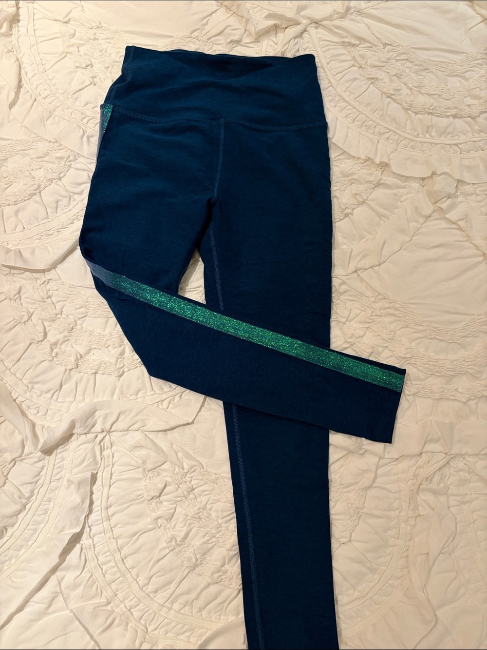 Beyond Yoga Deep Navy Leggings with Sparkling Teal Stripe
